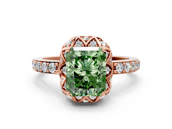 Rose gold Fancy Green Radiant  Diamond Solitaire Ring with Shared Prong Pavé Band