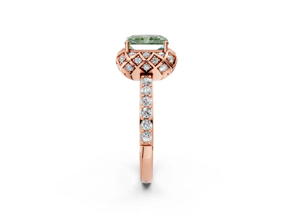 Rose gold Fancy Green Radiant  Diamond Solitaire Ring with Shared Prong Pavé Band