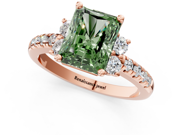 Rose Gold Radiant Cut Side Stone Pave Engagement Ring Setting for Fancy Green Center