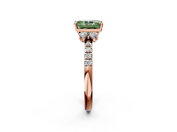 Rose Gold Radiant Cut Side Stone Pave Engagement Ring Setting for Fancy Green Center
