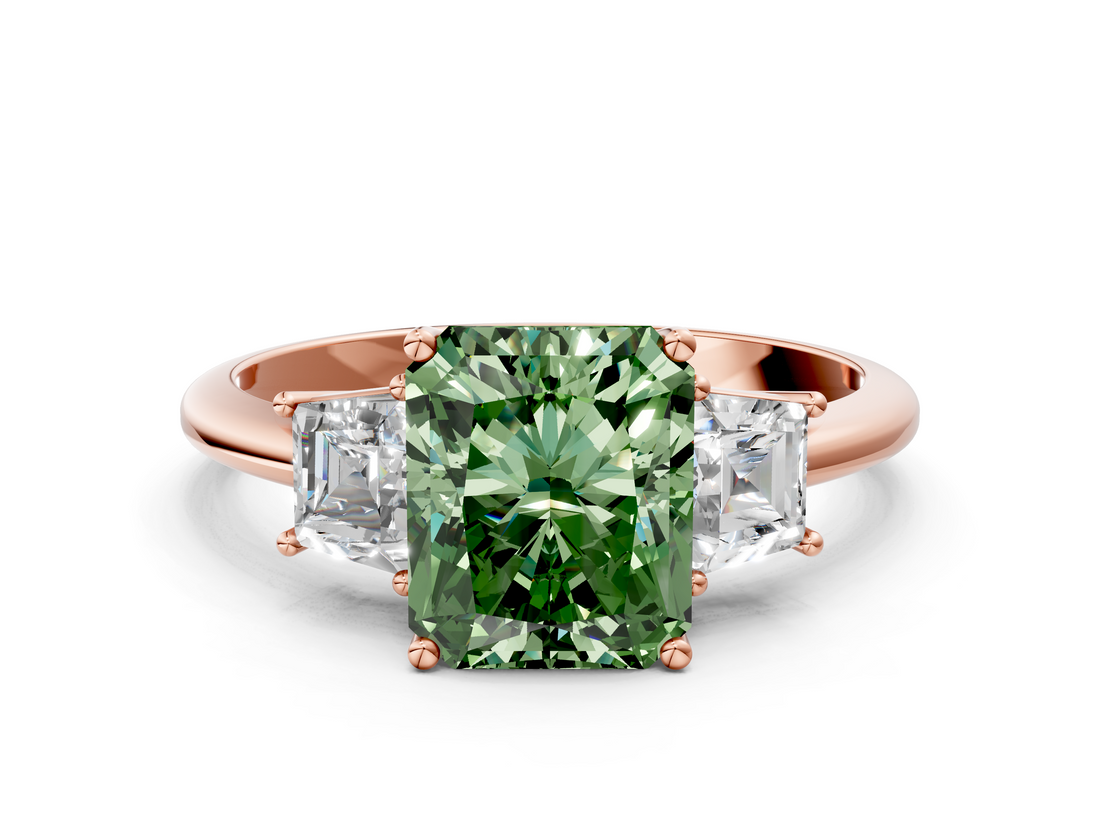 Rose gold Fancy Green Radiant  Diamond Three-Stone Ring with Trapezoid Side Stones and Prong Setting_17