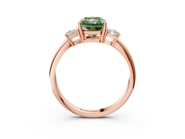 Rose gold Fancy Green Radiant  Diamond Three-Stone Ring with Trapezoid Side Stones and Prong Setting