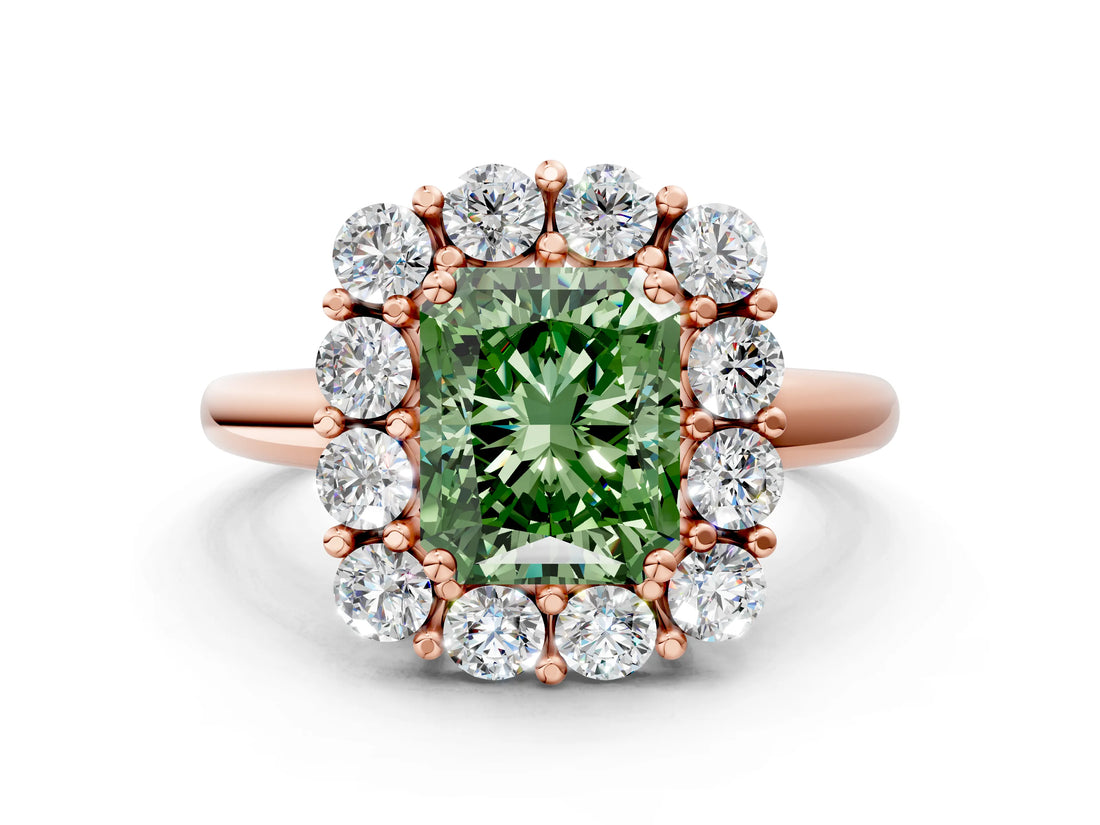 Rose gold Fancy Green Radiant  Halo Cluster Diamond Engagement Ring with Prong Setting and Polished Band_20