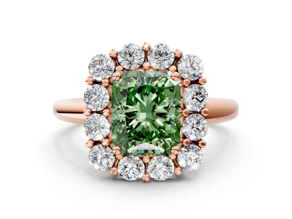 Rose gold Fancy Green Radiant  Halo Cluster Diamond Engagement Ring with Prong Setting and Polished Band