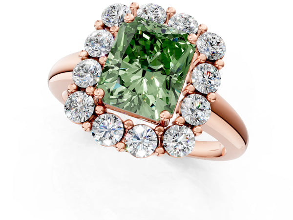 Rose gold Fancy Green Radiant  Halo Cluster Diamond Engagement Ring with Prong Setting and Polished Band