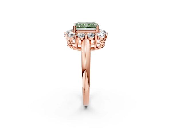 Rose gold Fancy Green Radiant  Halo Cluster Diamond Engagement Ring with Prong Setting and Polished Band