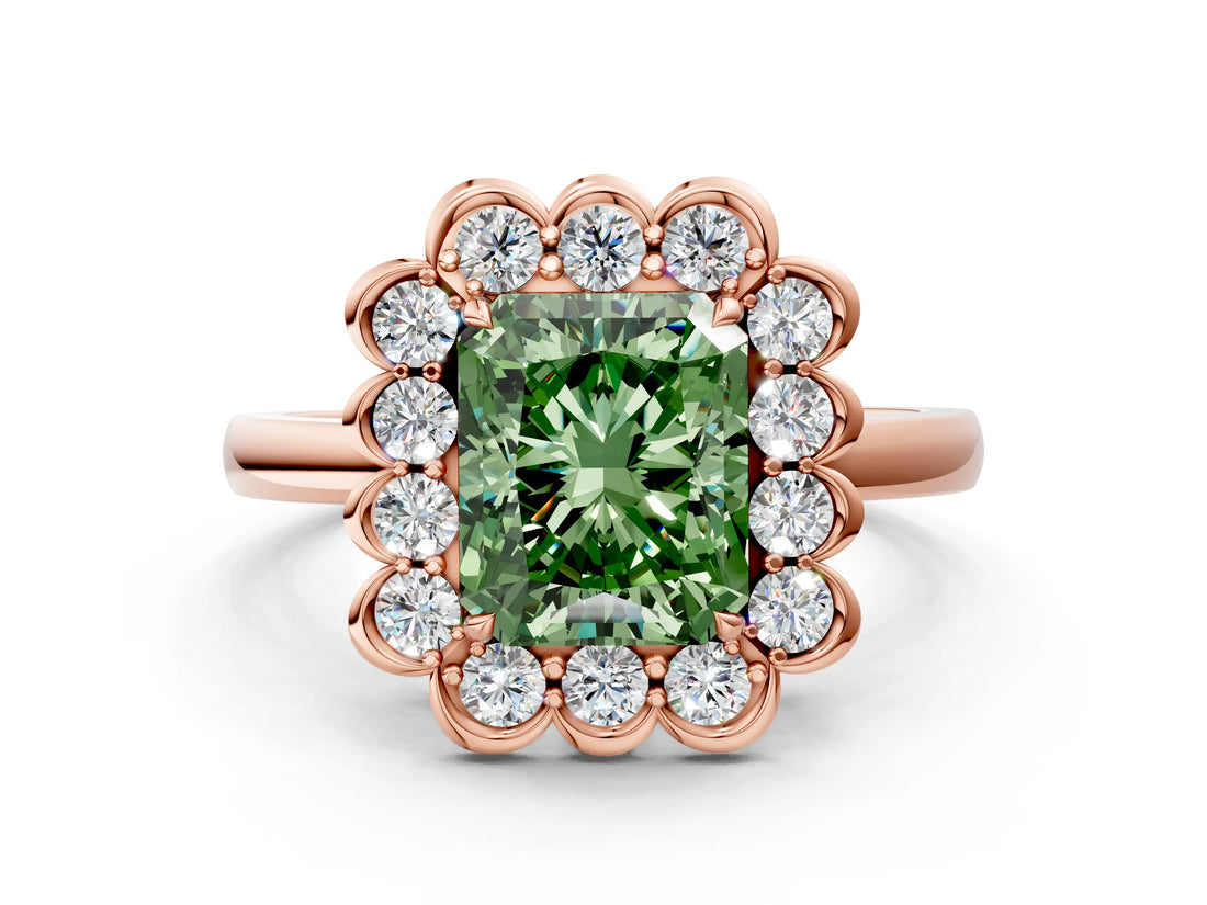 Rose gold Fancy Green Radiant  Halo Cluster Diamond Engagement Ring with Solitaire Band and Prong Setting_49