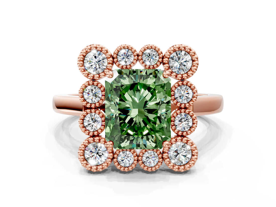 Rose gold Fancy Green Radiant  Halo Diamond Cluster Engagement Ring with Milgrain Bezel Setting and Solitaire Band_26