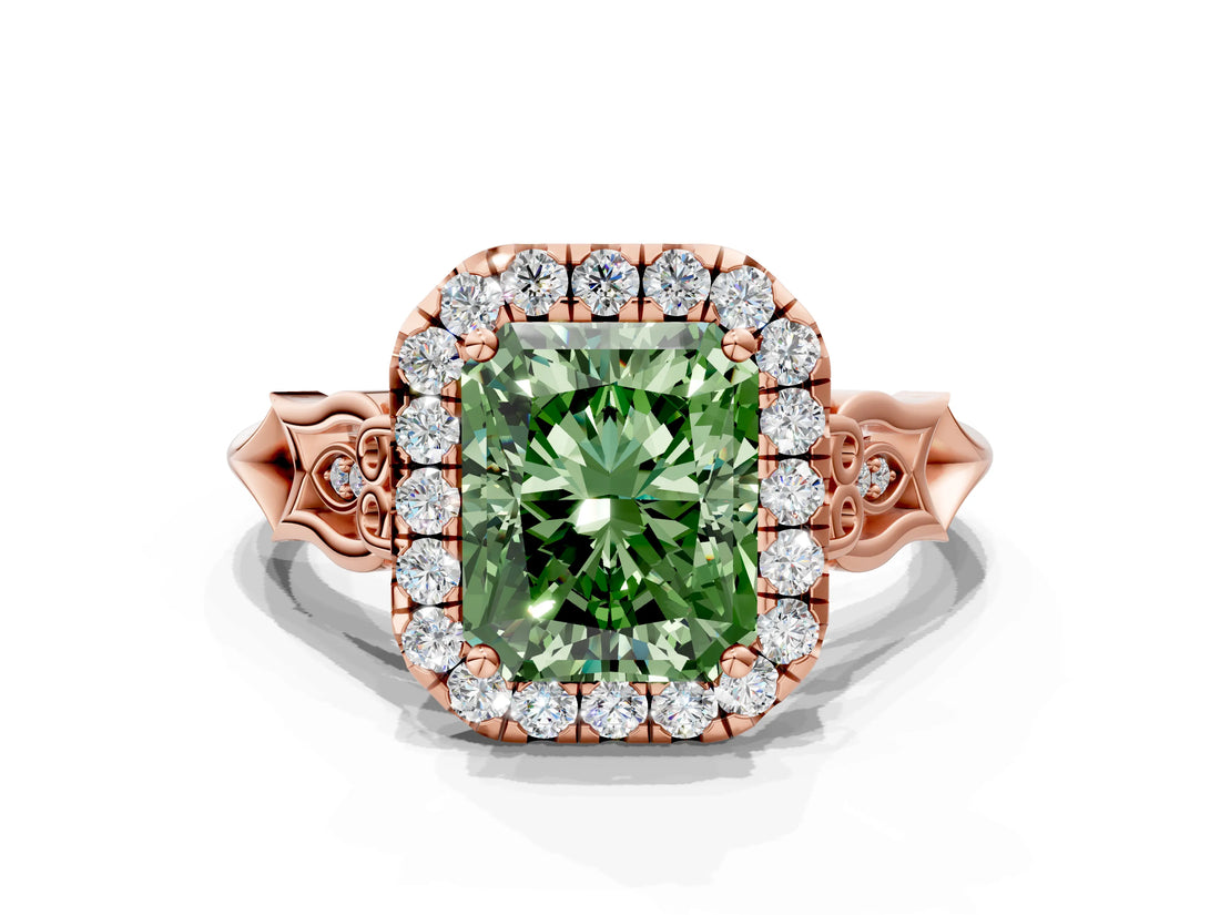 Rose gold Fancy Green Radiant  Halo Diamond Engagement Ring with Filigree Band and Four-Prong Setting_81
