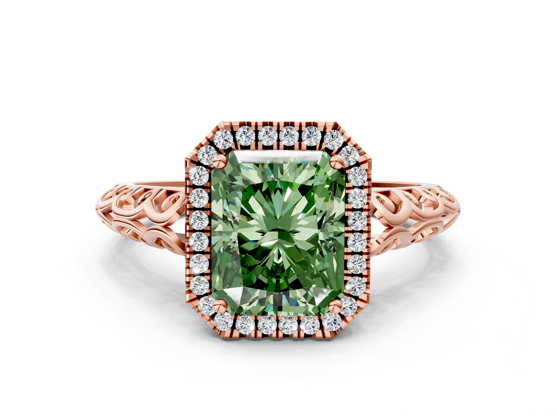 Rose gold Fancy Green Radiant  Halo Diamond Engagement Ring with Intricate Filigree Band and Four-Prong Setting_54