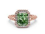 Rose gold Fancy Green Radiant  Halo Diamond Engagement Ring with Intricate Filigree Band and Four-Prong Setting_54