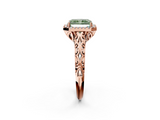 Rose gold Fancy Green Radiant  Halo Diamond Engagement Ring with Intricate Filigree Band and Four-Prong Setting_56