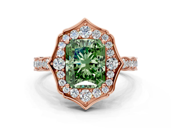 Rose gold Fancy Green Radiant  Halo Diamond Engagement Ring with Milgrain Band and Four-Prong Setting