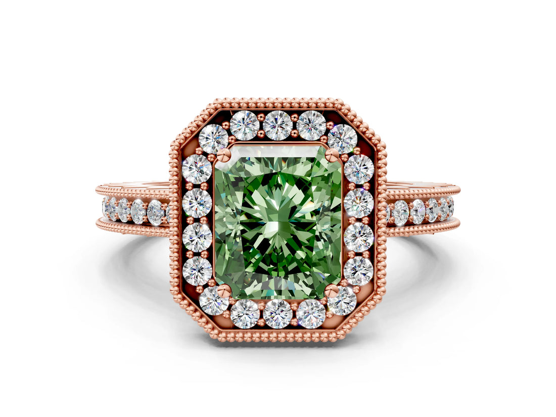 Rose gold Fancy Green Radiant  Halo Diamond Engagement Ring with Milgrain Pave Band and Four-Prong Setting_51