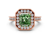 Rose gold Fancy Green Radiant  Halo Diamond Engagement Ring with Milgrain Pave Band and Four-Prong Setting_51