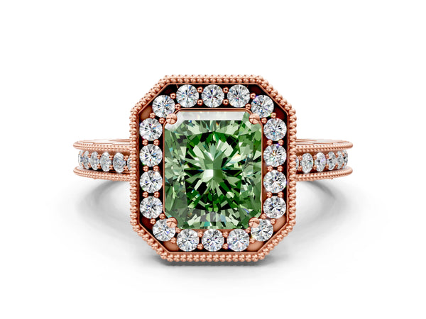 Rose gold Fancy Green Radiant  Halo Diamond Engagement Ring with Milgrain Pave Band and Four-Prong Setting