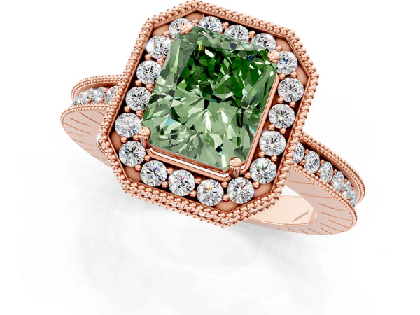 Rose gold Fancy Green Radiant  Halo Diamond Engagement Ring with Milgrain Pave Band and Four-Prong Setting