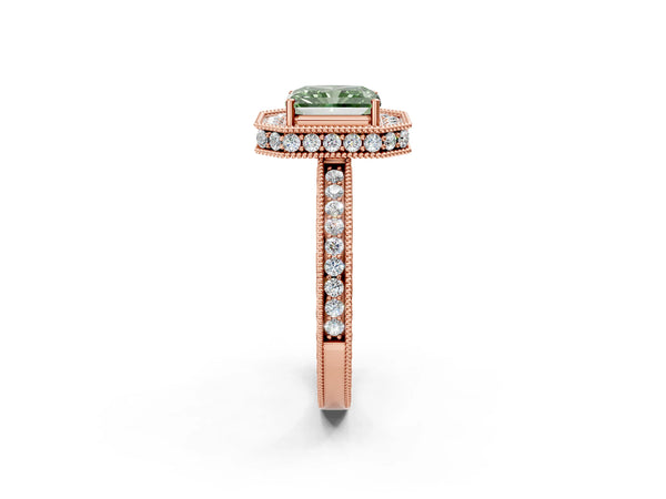 Rose gold Fancy Green Radiant  Halo Diamond Engagement Ring with Milgrain Pave Band and Four-Prong Setting