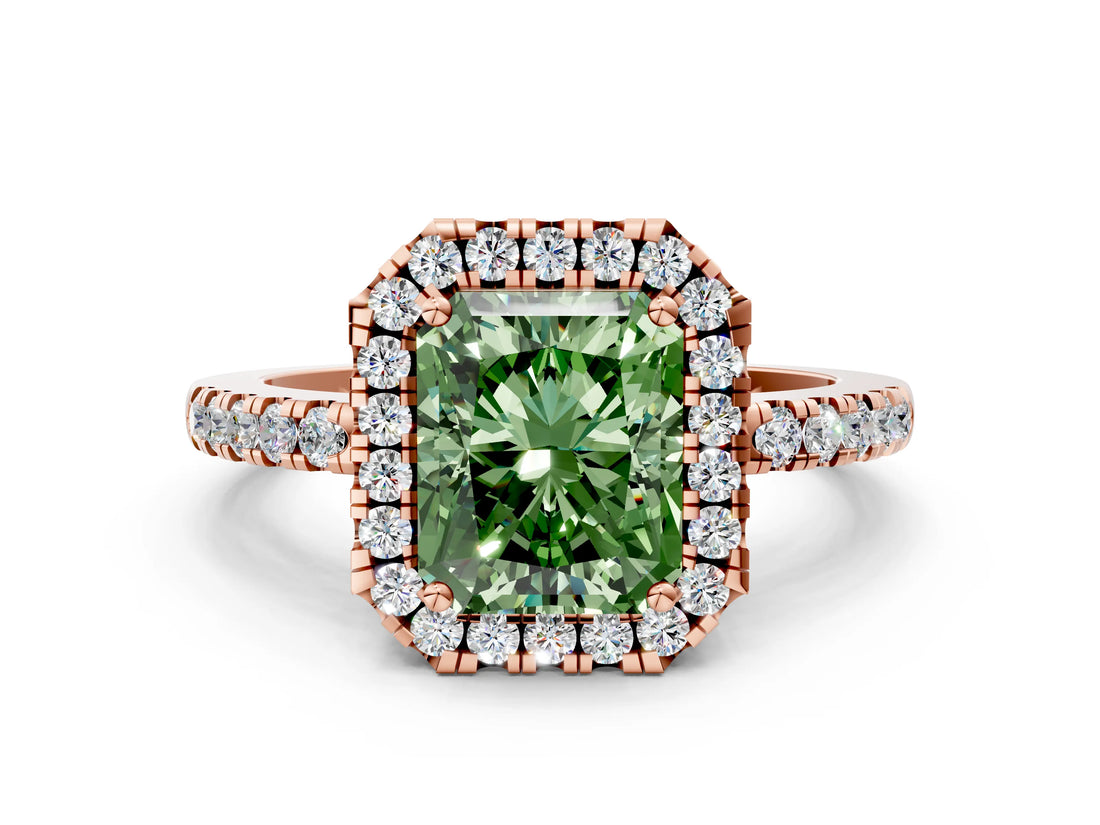 Rose gold Fancy Green Radiant  Halo Diamond Engagement Ring with Pavé Band and Four-Prong Setting_69
