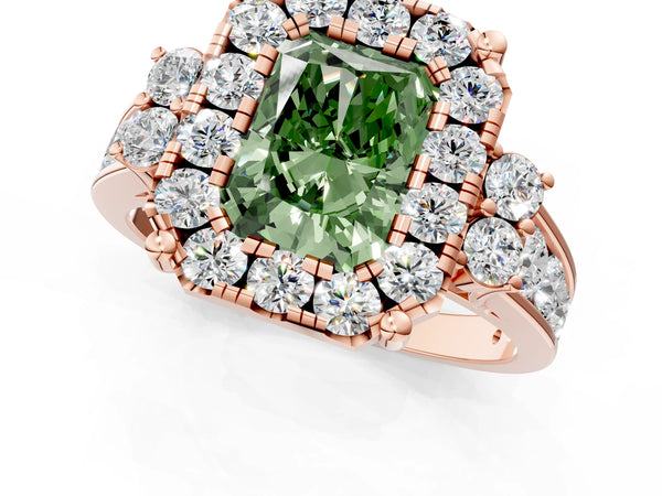 Rose gold Fancy Green Radiant  Halo Diamond Engagement Ring with Split Shank and Four-Prong Setting