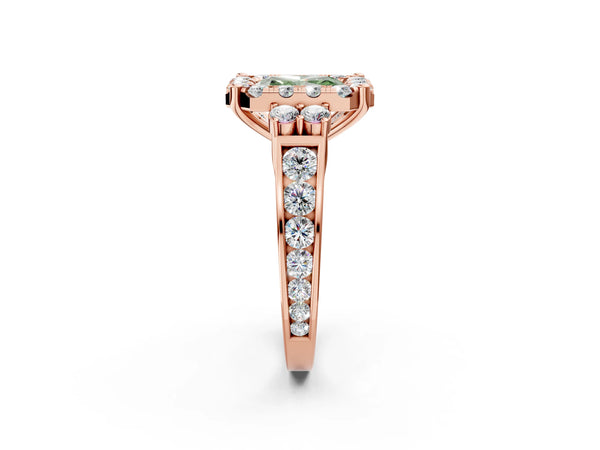 Rose gold Fancy Green Radiant  Halo Diamond Engagement Ring with Split Shank and Four-Prong Setting