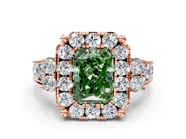 Rose gold Fancy Green Radiant  Halo Diamond Engagement Ring with Split Shank and Four-Prong Setting