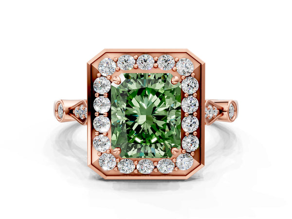 Rose gold Fancy Green Radiant  Halo Diamond Engagement Ring with Twisted Band and Four-Prong Setting