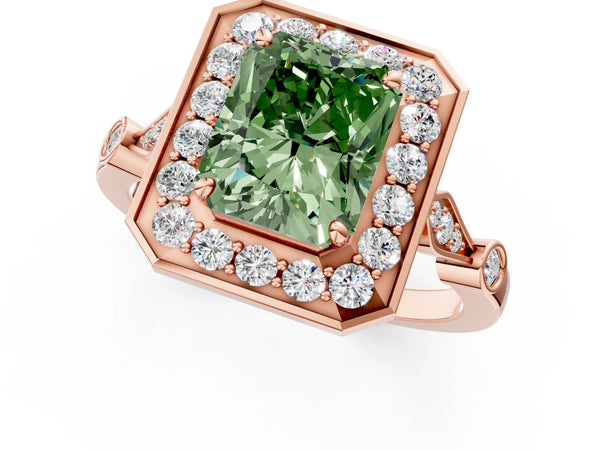 Rose gold Fancy Green Radiant  Halo Diamond Engagement Ring with Twisted Band and Four-Prong Setting