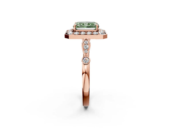 Rose gold Fancy Green Radiant  Halo Diamond Engagement Ring with Twisted Band and Four-Prong Setting