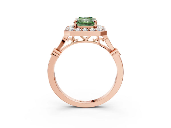 Rose gold Fancy Green Radiant  Halo Diamond Engagement Ring with Twisted Band and Four-Prong Setting