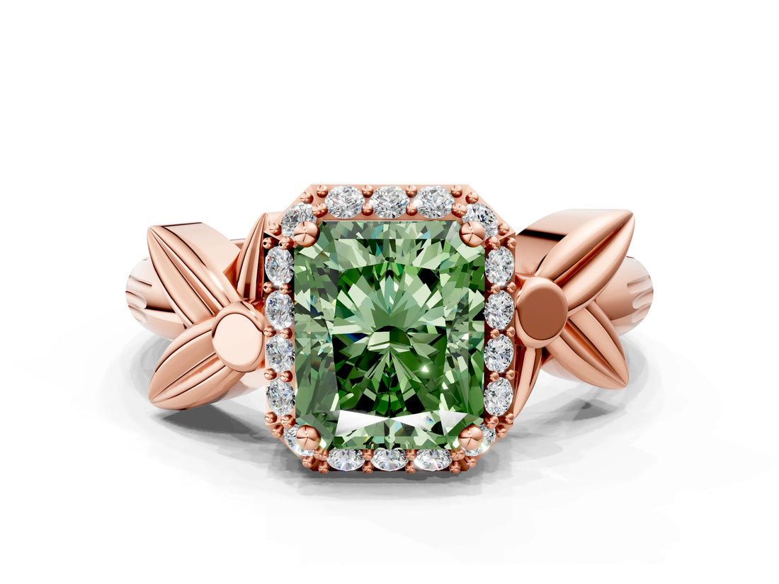Rose gold Fancy Green Radiant  Halo Diamond Floral Band with Four-Prong Setting_55
