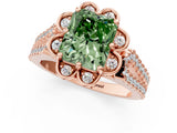 Rose gold Fancy Green Radiant  Halo Diamond Floral Split Shank Engagement Ring 1