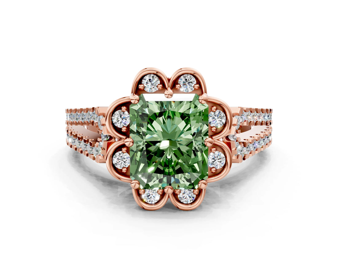 Rose gold Fancy Green Radiant  Halo Diamond Floral Split Shank Engagement Ring