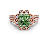 Rose gold Fancy Green Radiant  Halo Diamond Floral Split Shank Engagement Ring