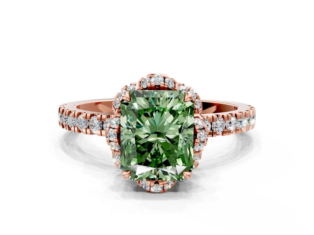 Rose gold Fancy Green Radiant  Halo Diamond Pave Band Ring with Four-Prong Setting_15