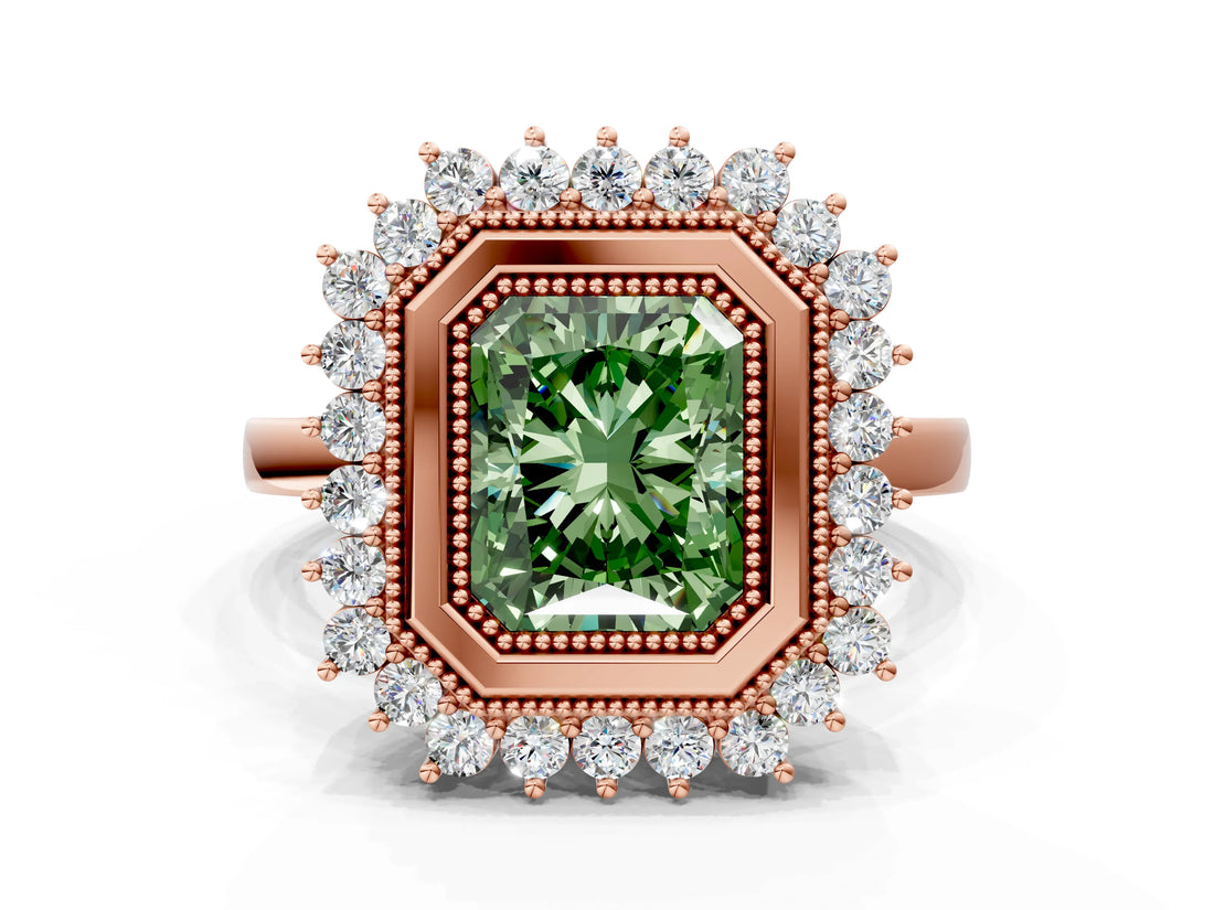Rose gold Fancy Green Radiant  Halo Diamond Ring with Milgrain Edge and Round Prong Setting_26