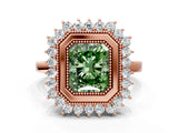 Rose gold Fancy Green Radiant  Halo Diamond Ring with Milgrain Edge and Round Prong Setting_26