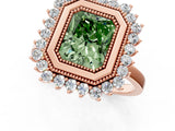 Rose gold Fancy Green Radiant  Halo Diamond Ring with Milgrain Edge and Round Prong Setting_27