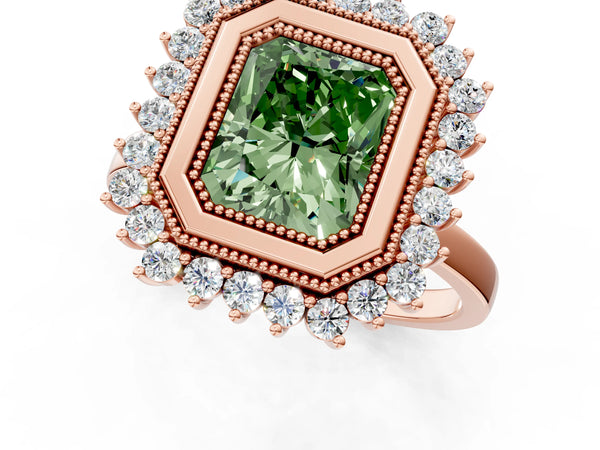 Rose Gold Radiant Cut Milgrain Bezel Halo Engagement Ring Setting for Fancy Green Center