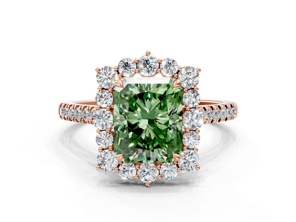 Rose gold Fancy Green Radiant  Halo Diamond Ring with Pavé Band and Prong Setting