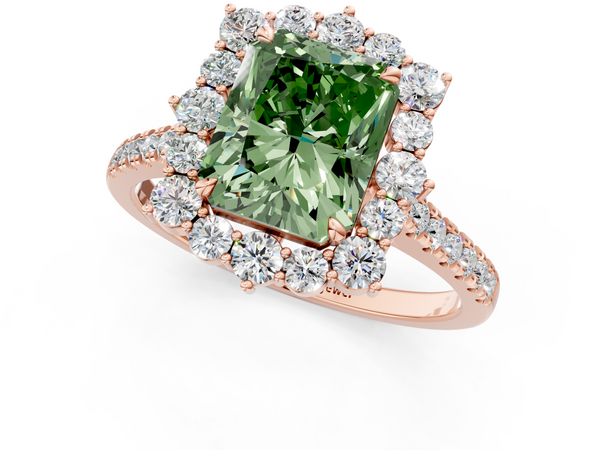 Rose gold Fancy Green Radiant  Halo Diamond Ring with Pavé Band and Prong Setting