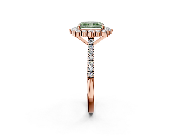 Rose gold Fancy Green Radiant  Halo Diamond Ring with Pavé Band and Prong Setting
