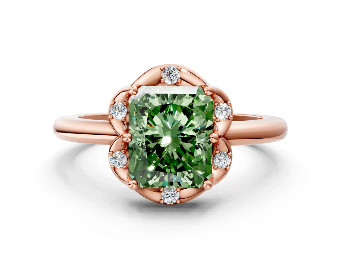Rose gold Fancy Green Radiant  Halo Diamond Ring with Round Cluster Setting, Solitaire Band, and Four-Prong Setting_49