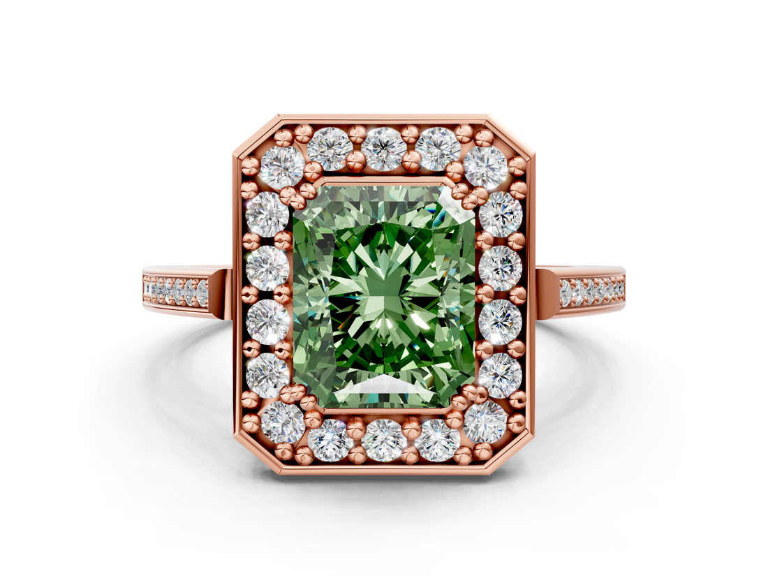 Rose gold Fancy Green Radiant  Halo Diamond Ring with Split Shank and Four-Prong Setting_71