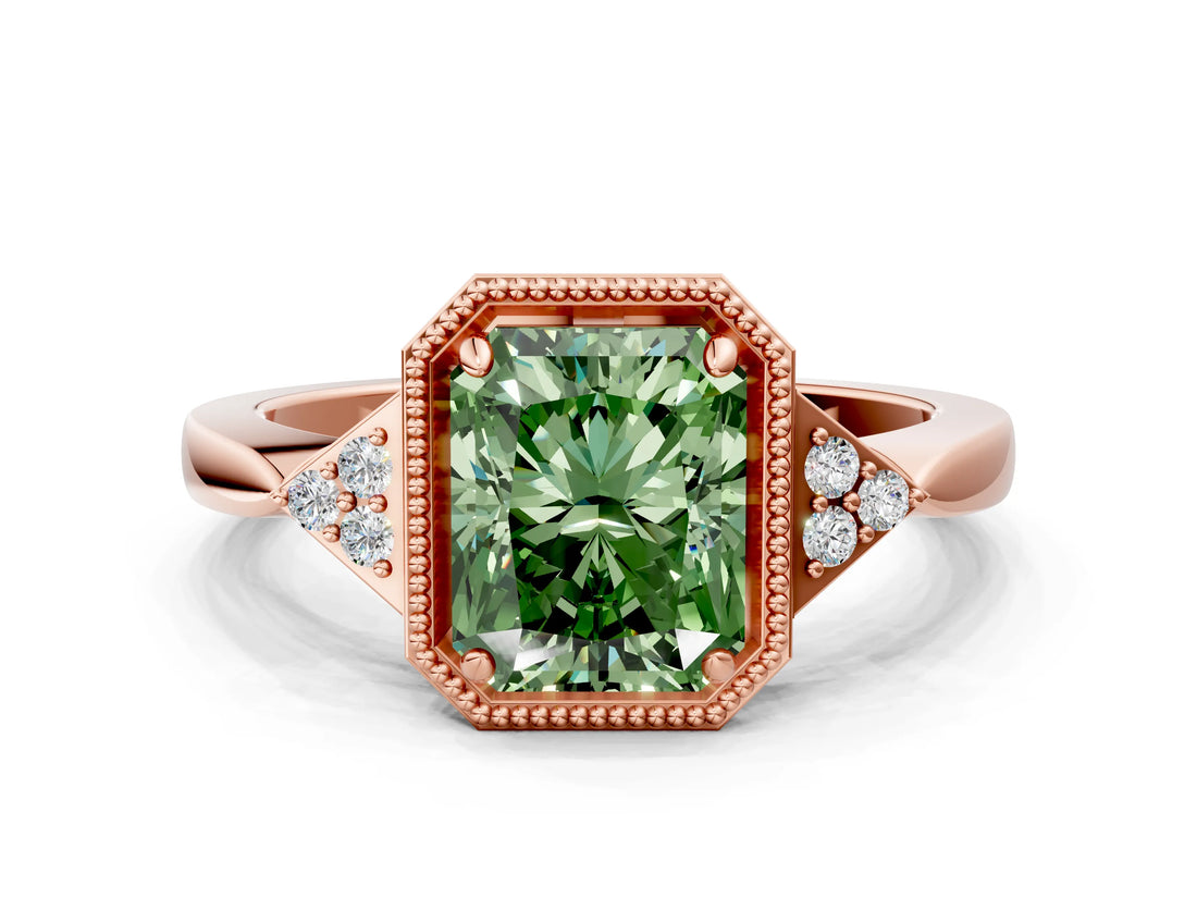 Rose gold Fancy Green Radiant  Halo Diamond Ring with Tapered Band and Four-Prong Setting_3