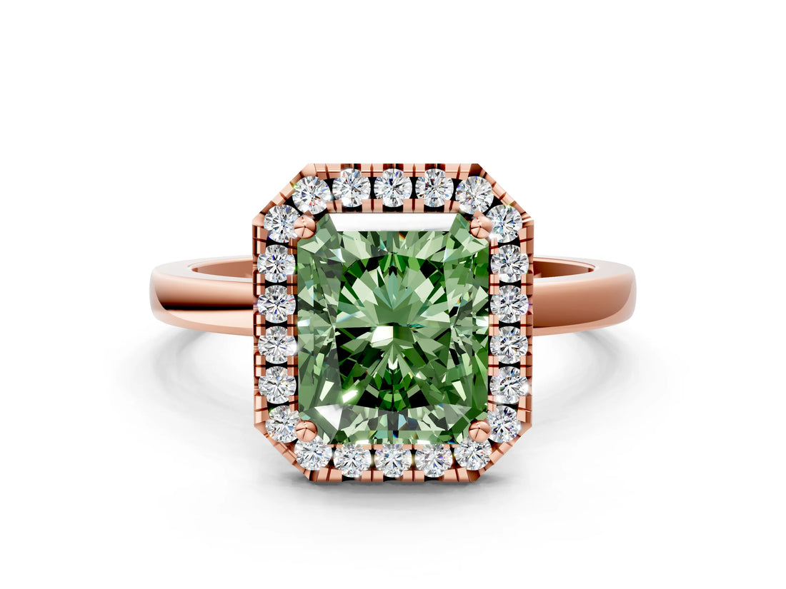 Rose gold Fancy Green Radiant  Halo Diamond Solitaire with Pavé Band and Four-Prong Setting_116