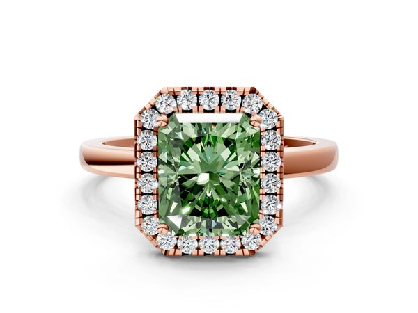 Rose gold Fancy Green Radiant  Halo Diamond Solitaire with Pavé Band and Four-Prong Setting