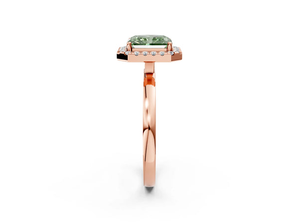 Rose gold Fancy Green Radiant  Halo Diamond Solitaire with Pavé Band and Four-Prong Setting