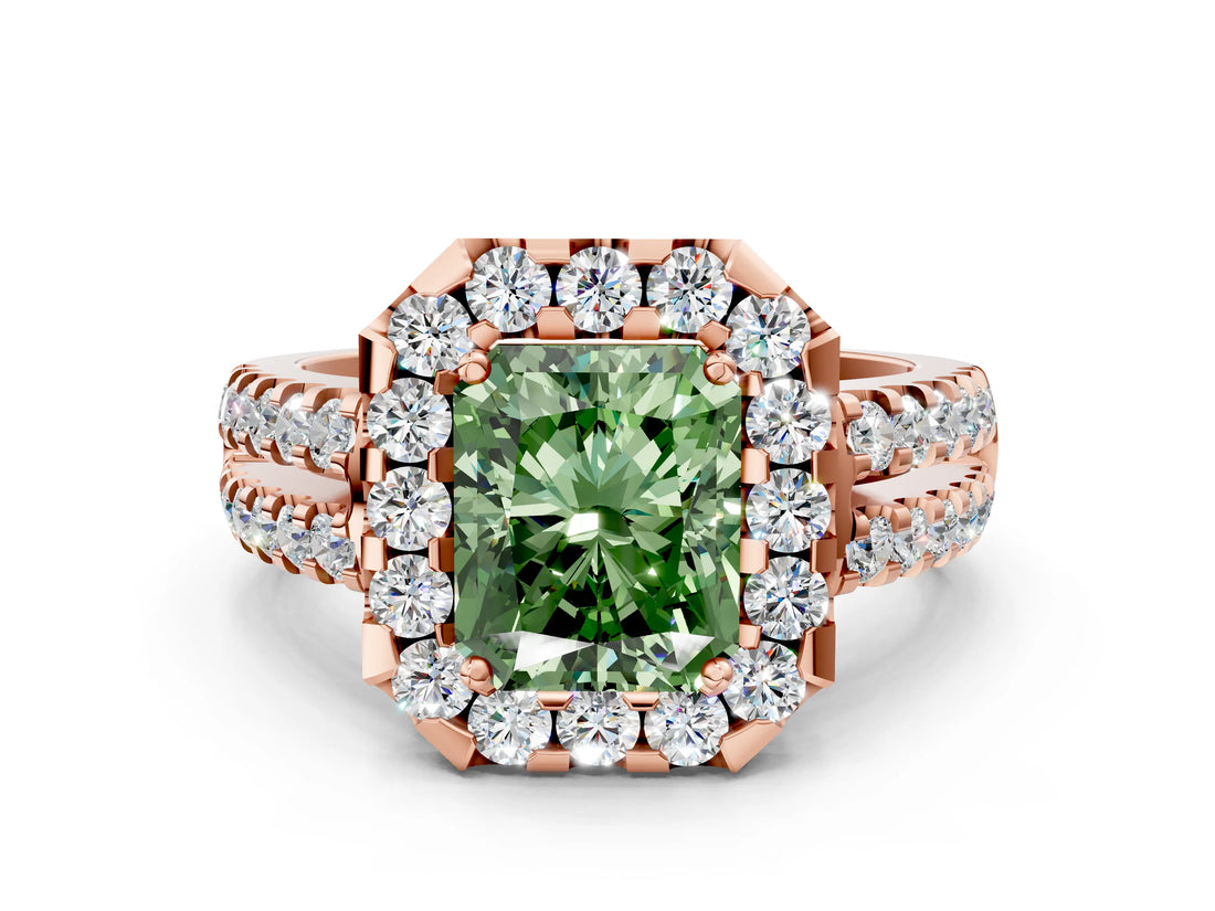 Rose gold Fancy Green Radiant  Halo Diamond Split Shank Engagement Ring with Prong Setting_57