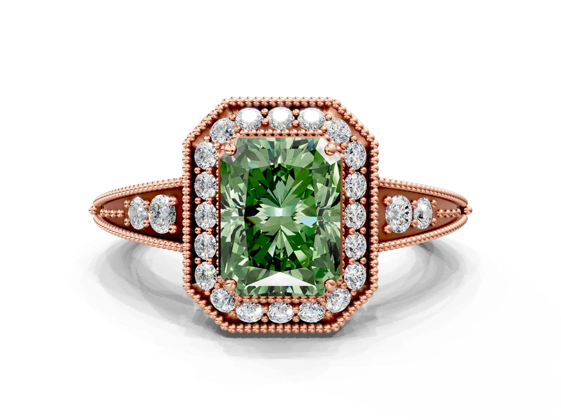 Rose gold Fancy Green Radiant  Halo Diamond Split Shank Ring with Milgrain Detail_48